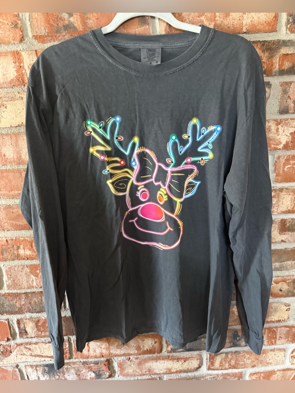 Comfort Colors Dark Pepper Long-Sleeve Tee with Neon Reindeer Graphic